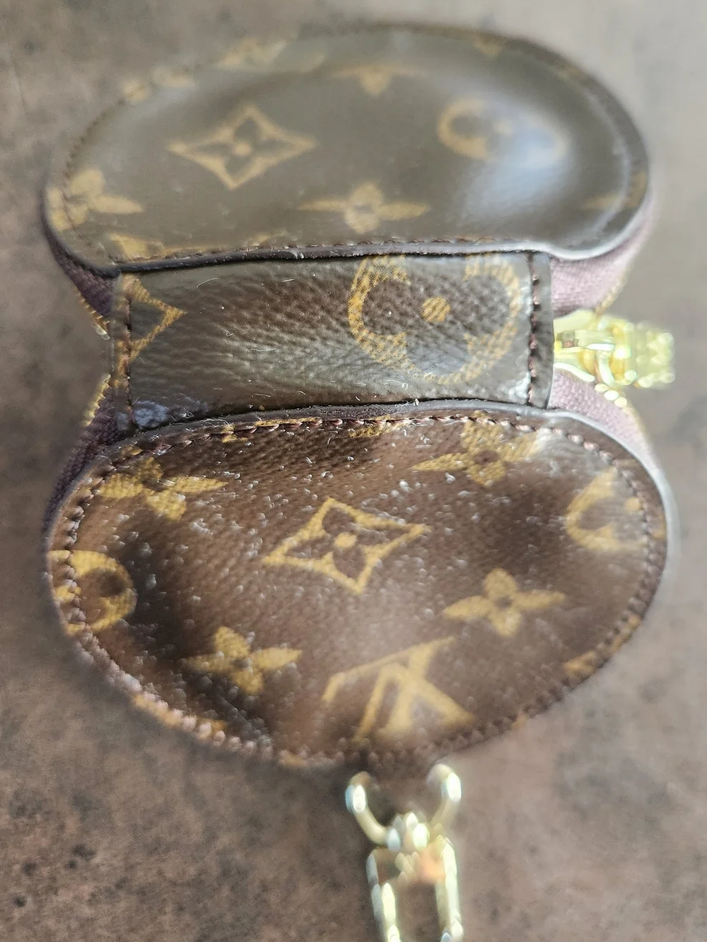 Designer Inspired Faux Monogram Round Zip Coin Pouch - Brown/Gold